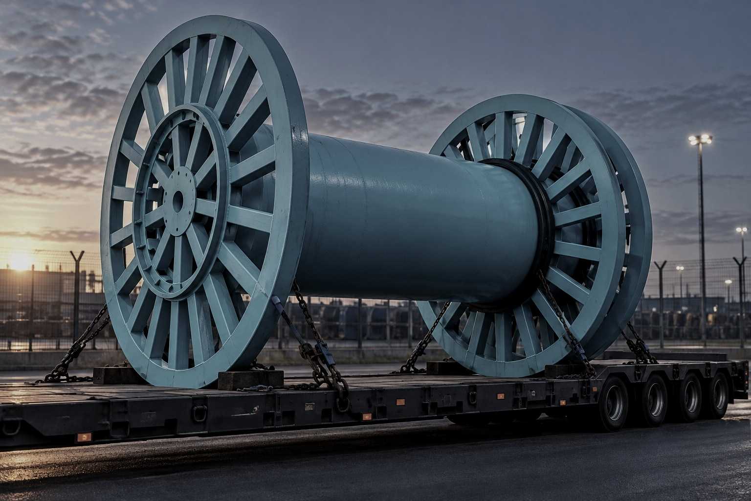 Bobina turquesa amarrada sobre carreta saindo de um pátio industrial ao amanhecer (imagem ilustrativa)