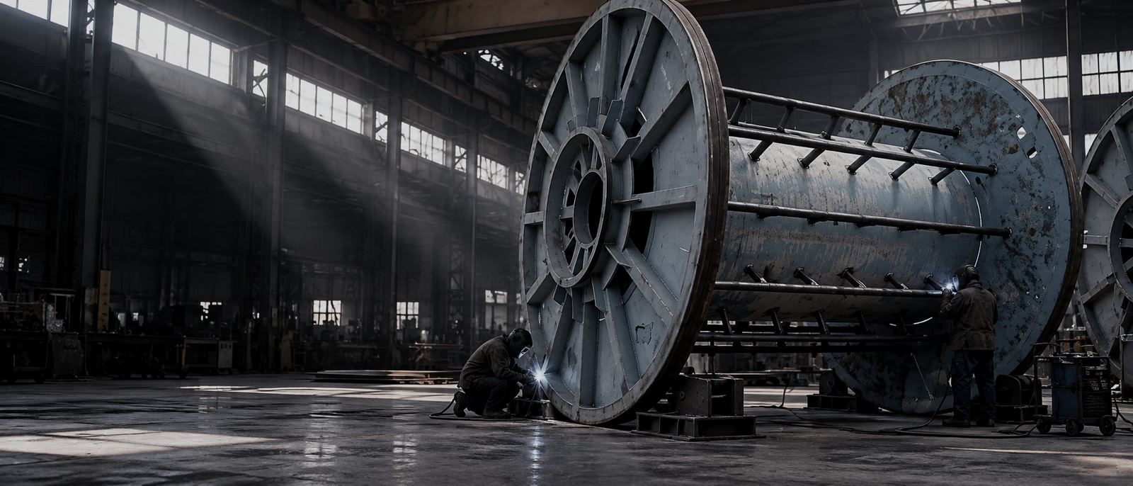 Bobina raiada em fabricação dentro de um galpão, com soldadores trabalhando no flange (imagem ilustrativa)
