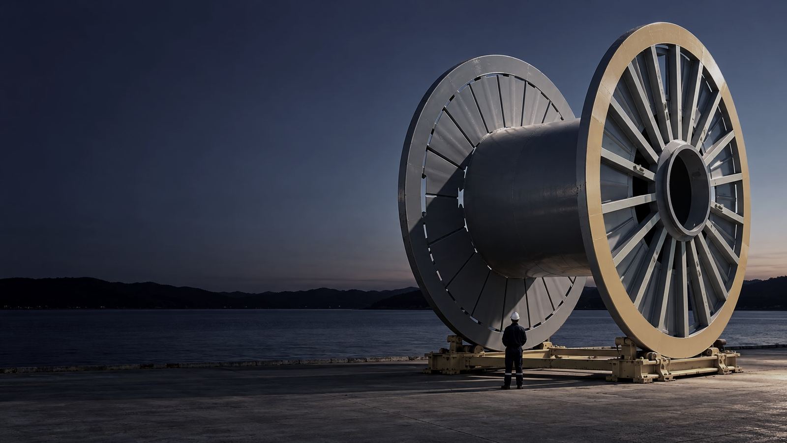 Bobina offshore gigante, cinza com aro amarelo, sobre berço em pátio à beira-mar ao anoitecer, com um operador ao lado para dar escala (imagem ilustrativa)